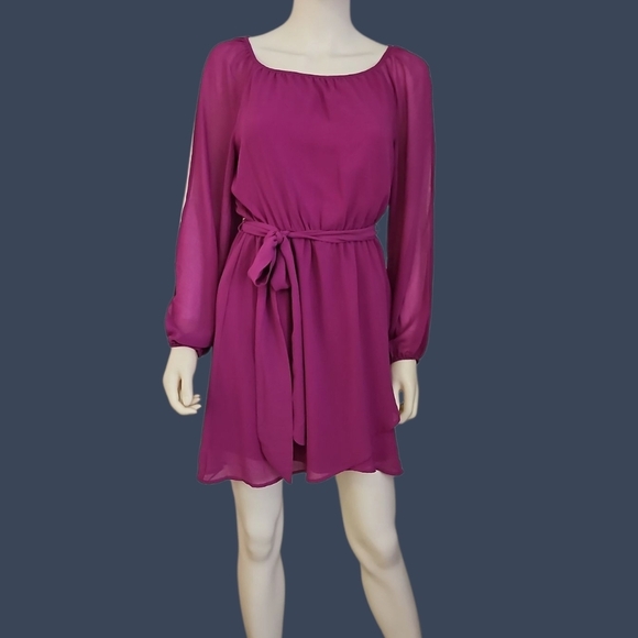 JEALOUS TOMATO Magenta Chiffon Slit Sleeve Tie Waist Fairycore Mini Dress - Picture 1 of 9